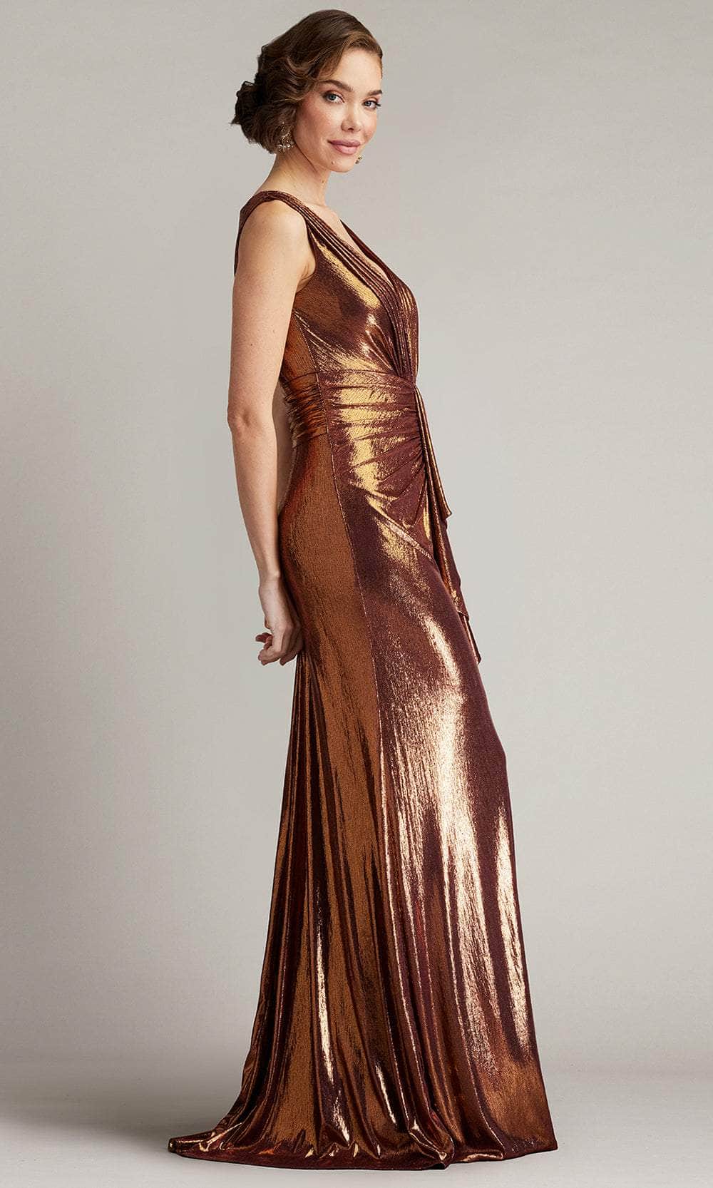 Vox V-Neck Slit Metallic Waterfall Drape Gown
