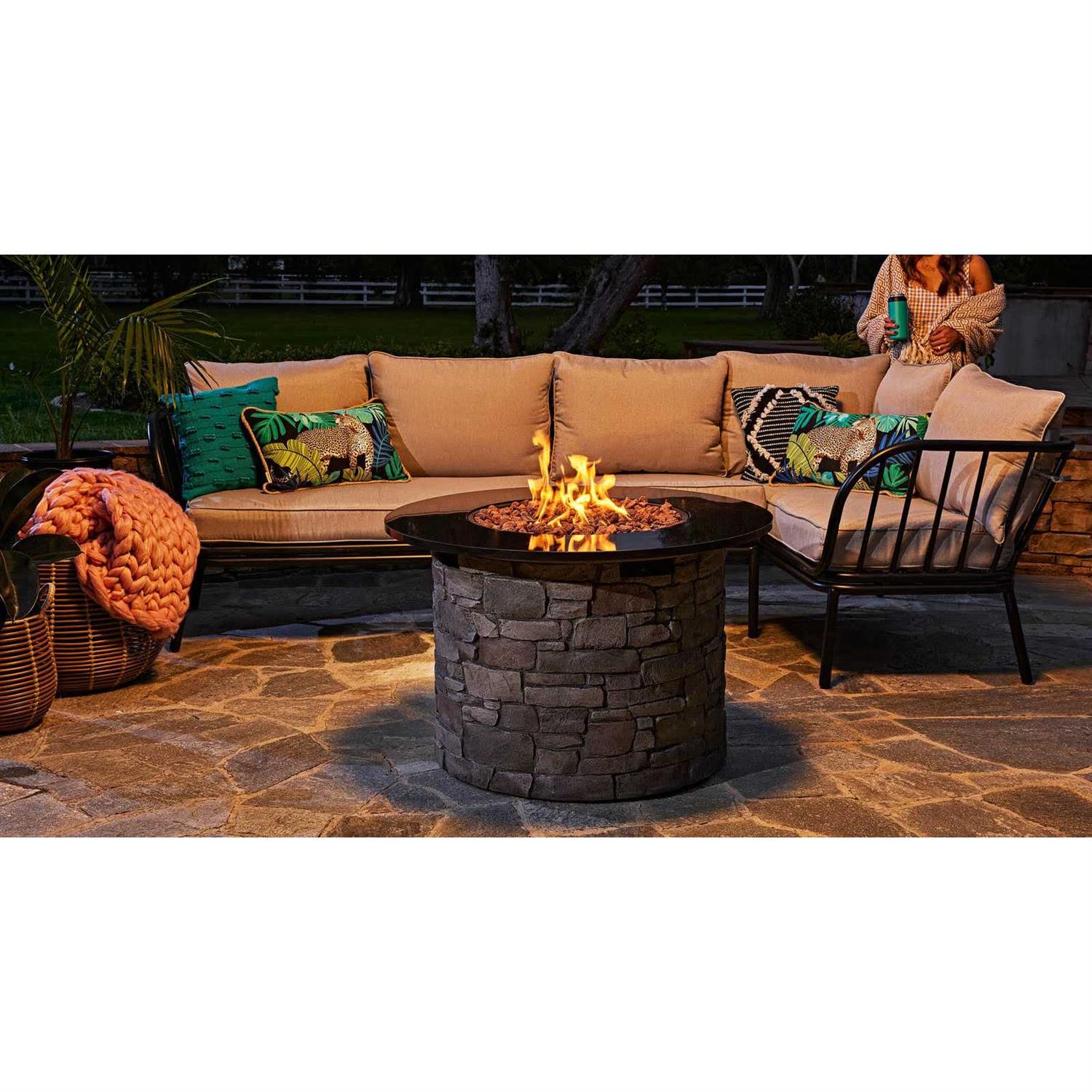 allen + roth Stacked stone Fire Pit Table 36.2-in W 50000-BTU Stacked Grey stone Portable Composite Propane Gas Fire Table