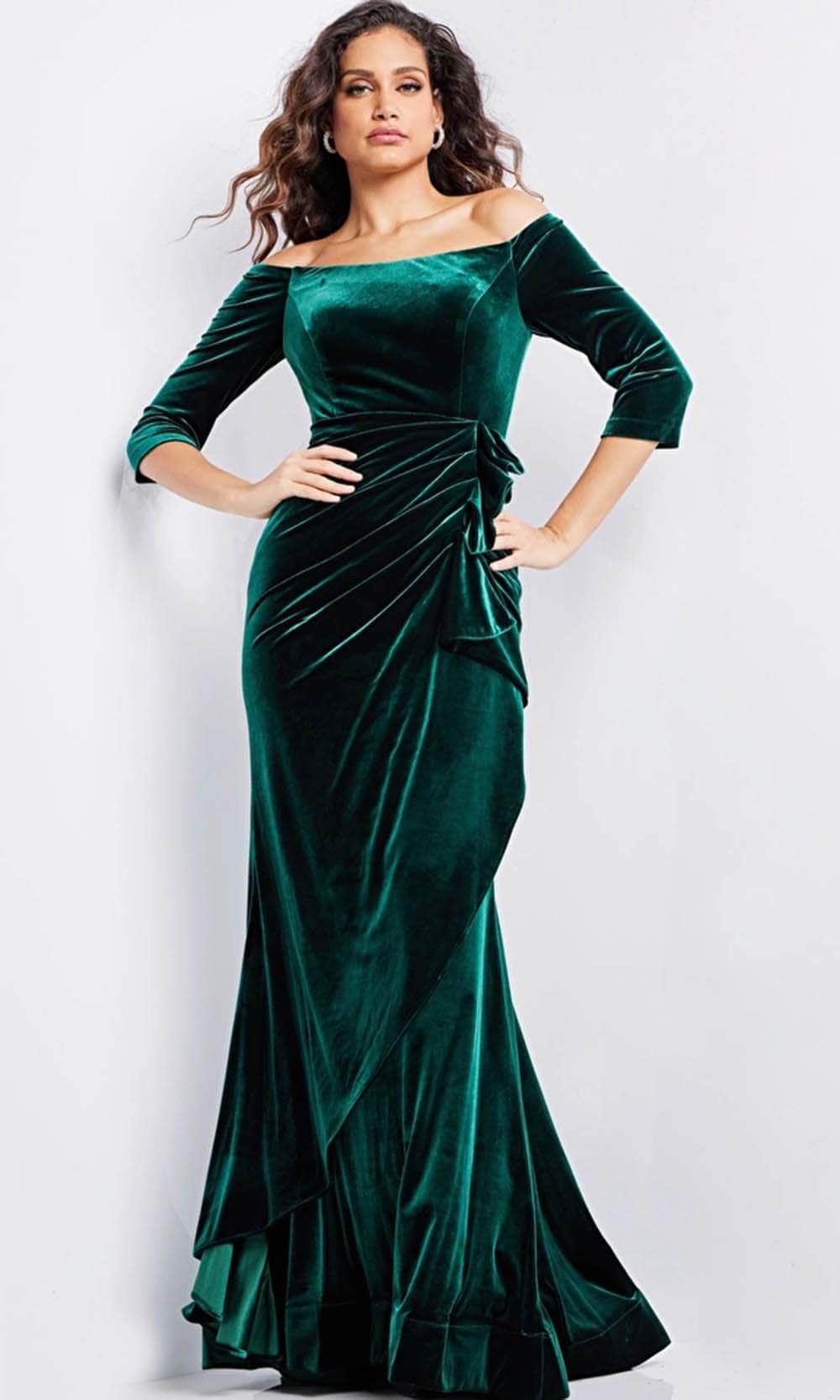 Velvet Quarter Sleeve Evening Gown