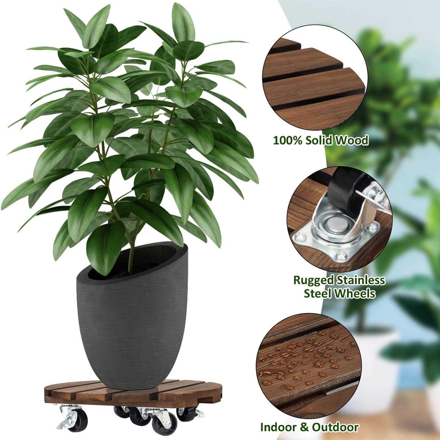 Yangbaga 2pack Plant Caddy 12u2019u2019Wood Duty Round Plant Roller with 2 360° Lockable Caster Wheels,Indoor Outdoor on Roller Patio/Flower