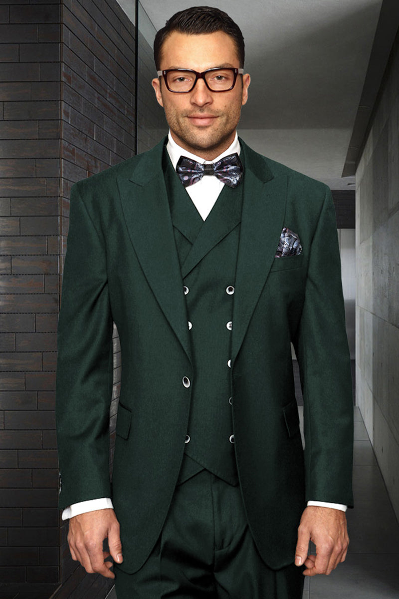 Men’s Designer Vested One Button Peak Lapel Wide Leg Pant Wool Suit in Hunter Green