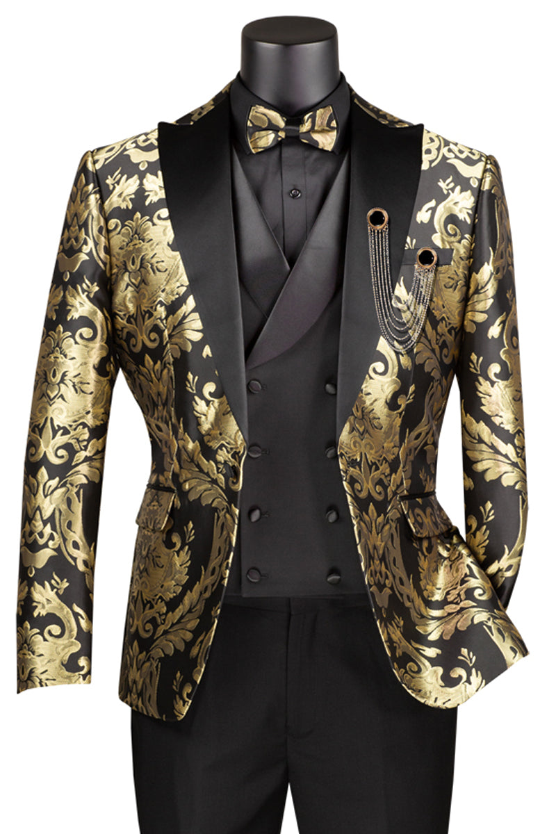 Men’s Shiny Paisley Jacquard Vested Wedding & Prom Tuxedo in Black & Gold