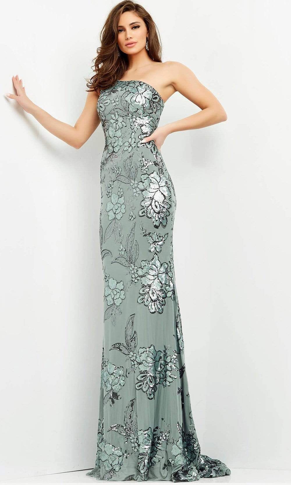 04331 Floral Sequin Embellished One Shoulder Fitted Gown