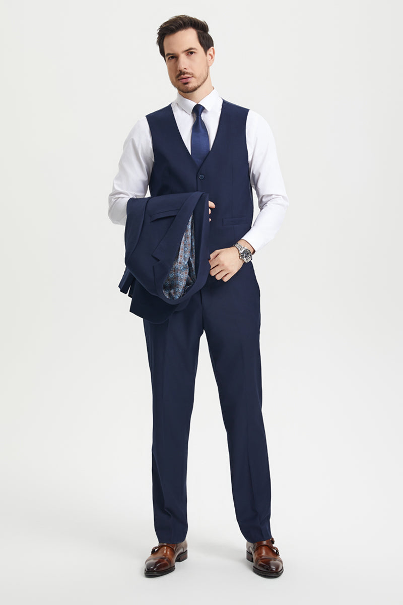 Men’s Two Button Vested Stacy Adams Basic Designer Suit in Navy Blue