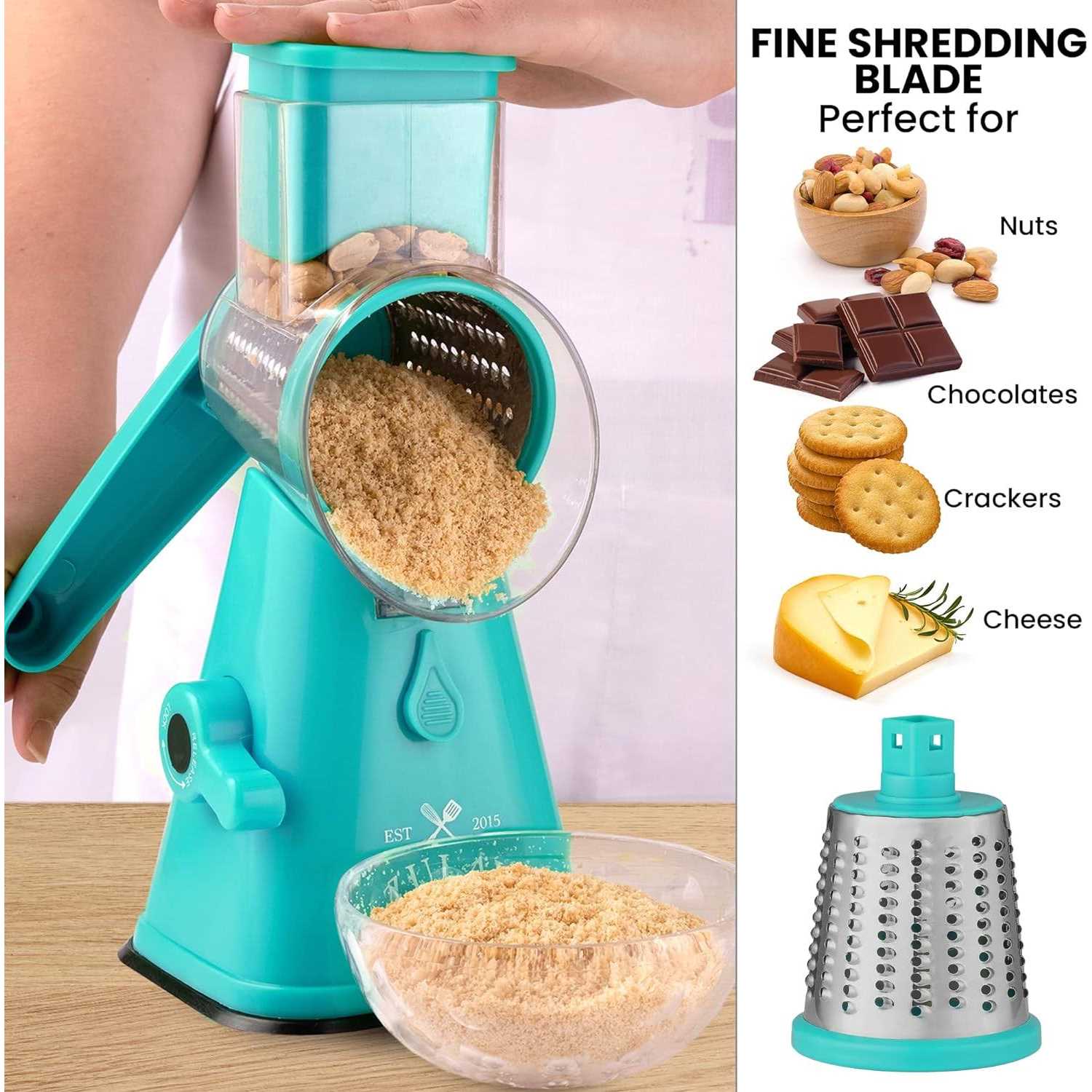 Zulay Kitchen Rotary Cheese Shredder Grater with 3 Replaceable Stainless Steel Drum Blades