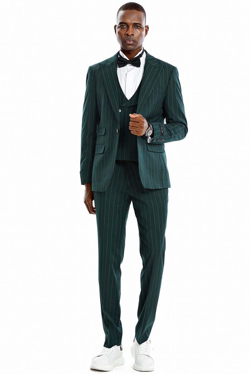 Men’s One Button Vested Wide Peak Lapel Bold Gangster Pinstripe Suit in Hunter Green