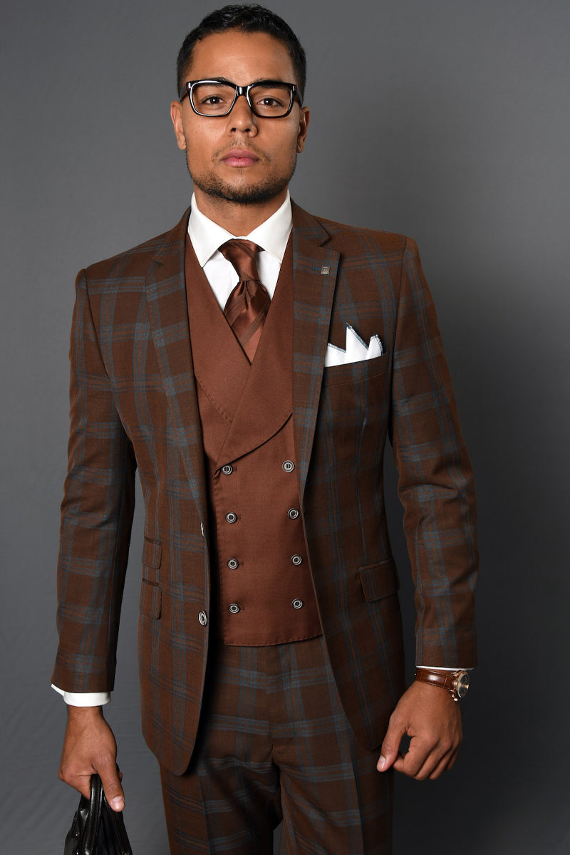 Men’s Modern Fit Wool Suit with Doulbe Breasted Vest in Copper Plaid