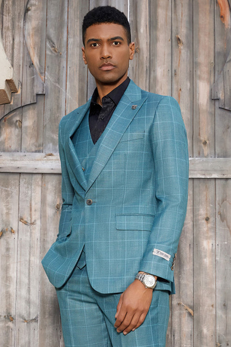 Men’s Stacy Adams One Button Peak Lapel Suit with Double Breasted Vest in Teal Windowpane