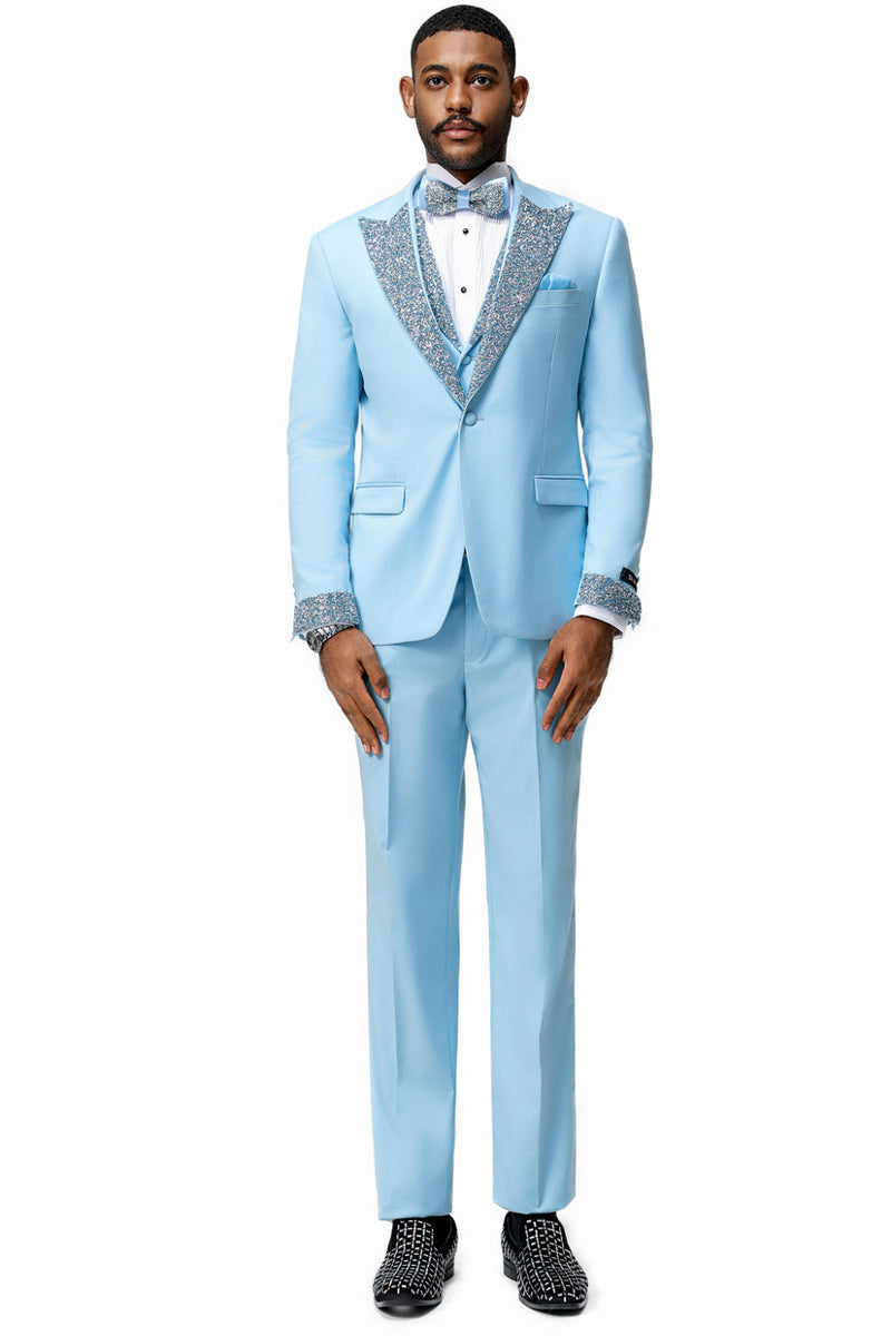 Men’s One Button Rhinestone Peak Lapel Vested Prom Tuxedo in Sky Blue