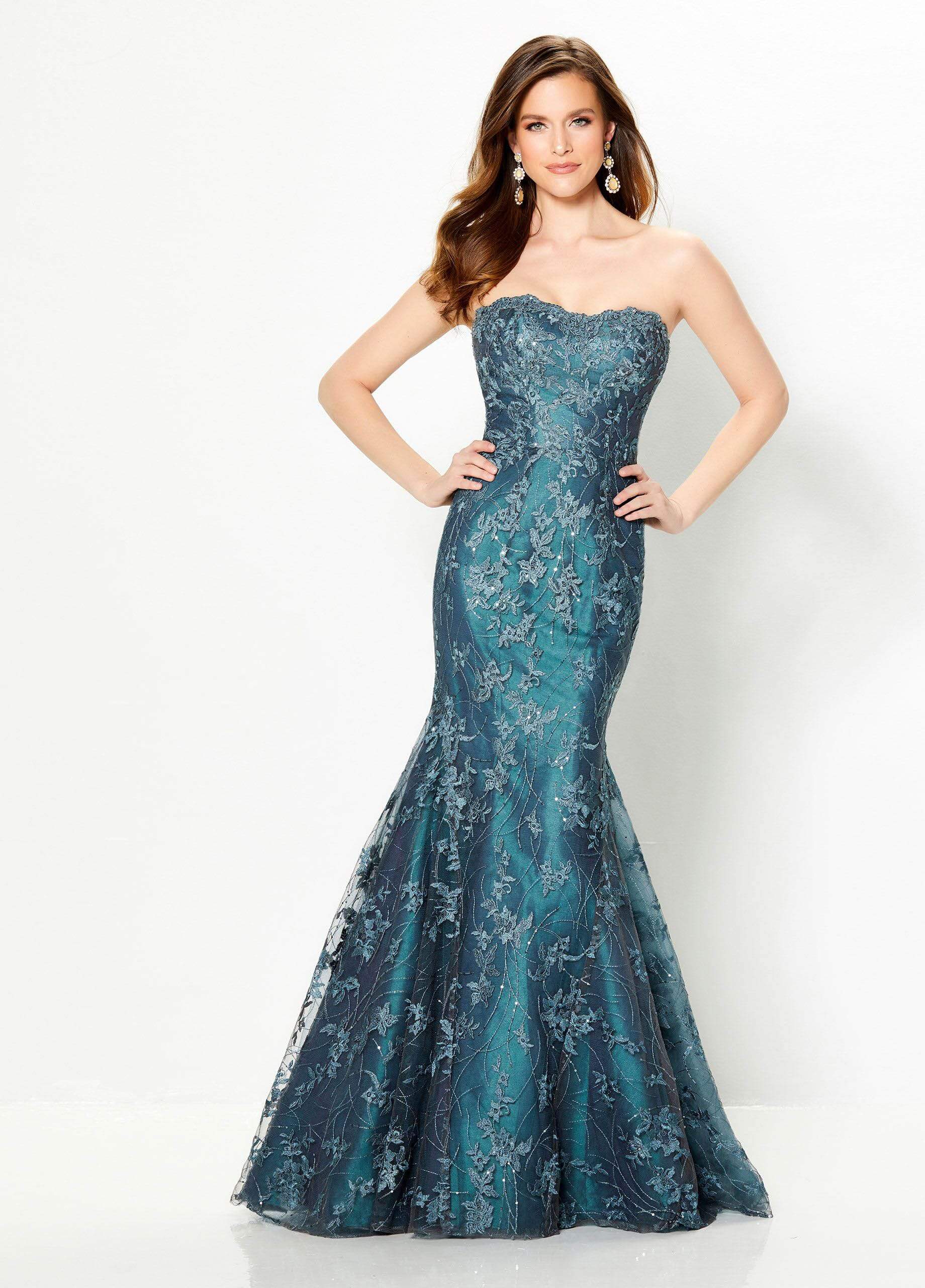 219979 Embroidered Lace Illusion Trumpet Dress