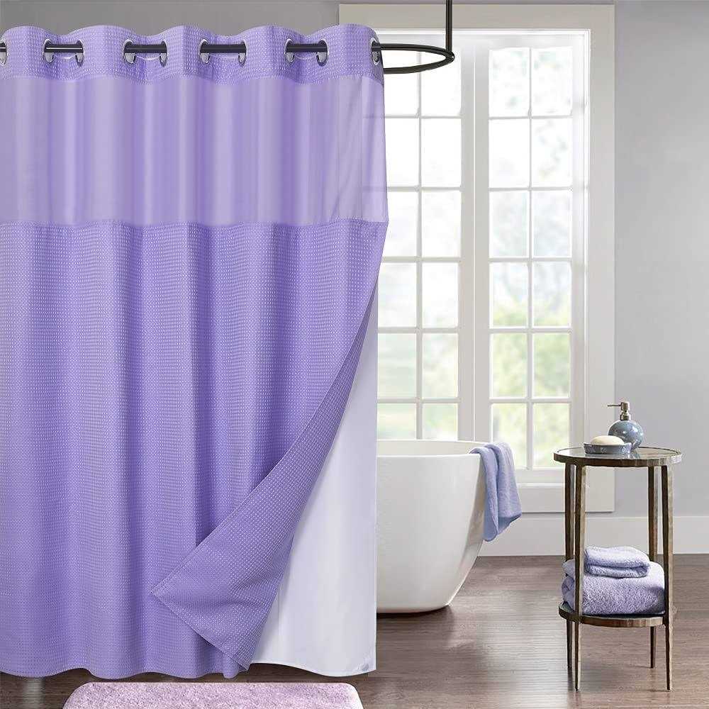 Wpm No Hooks Required Shower Curtain with Snap-in Liner Waffle Weave Design