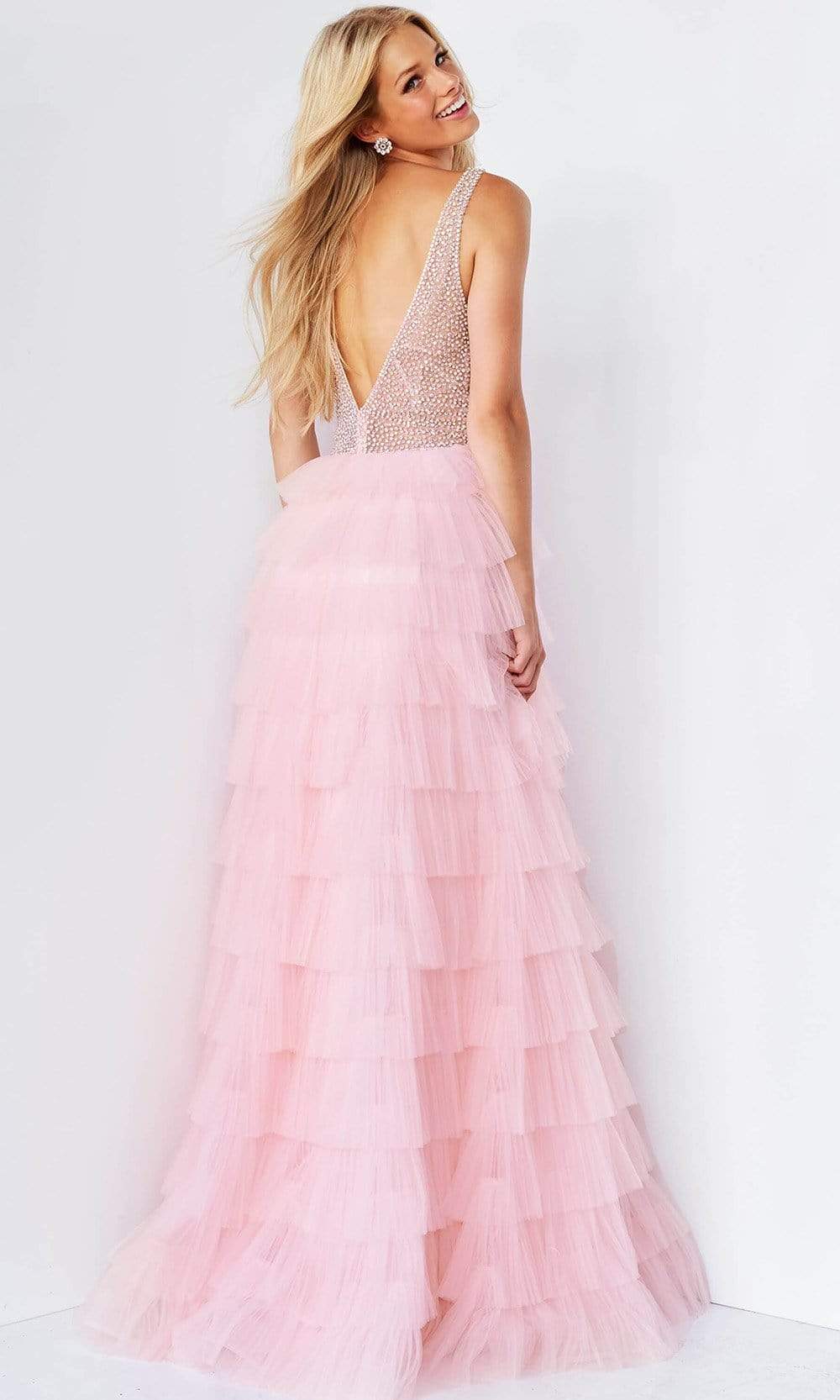 07235 Jeweled High Slit Tulle Gown