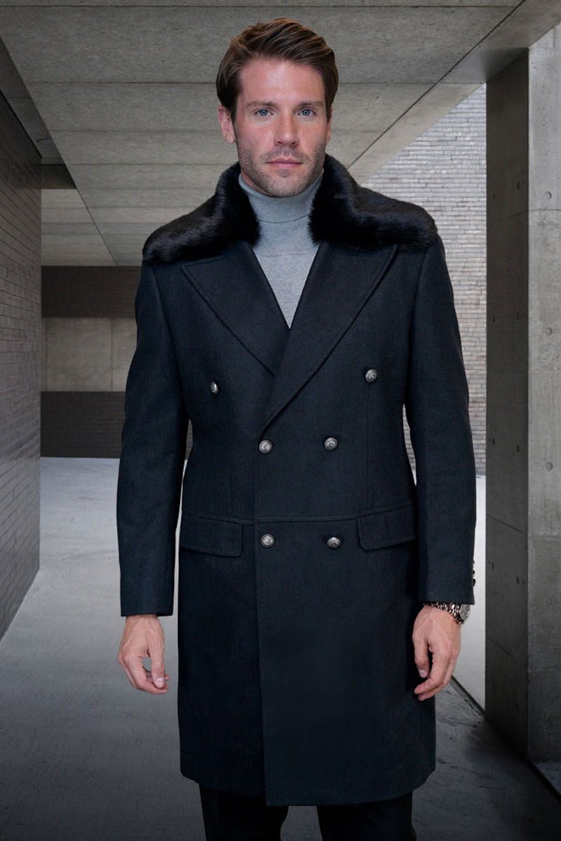 Men’s Designer 100% Double Breasted Winter Overcoat with Removable Fur Collar in Black