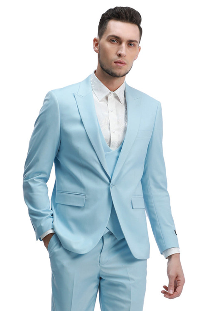 Men’s Slim Fit One Button Peak Lapel Low Cut Double Breasted Vest Wedding Suit in Light Blue