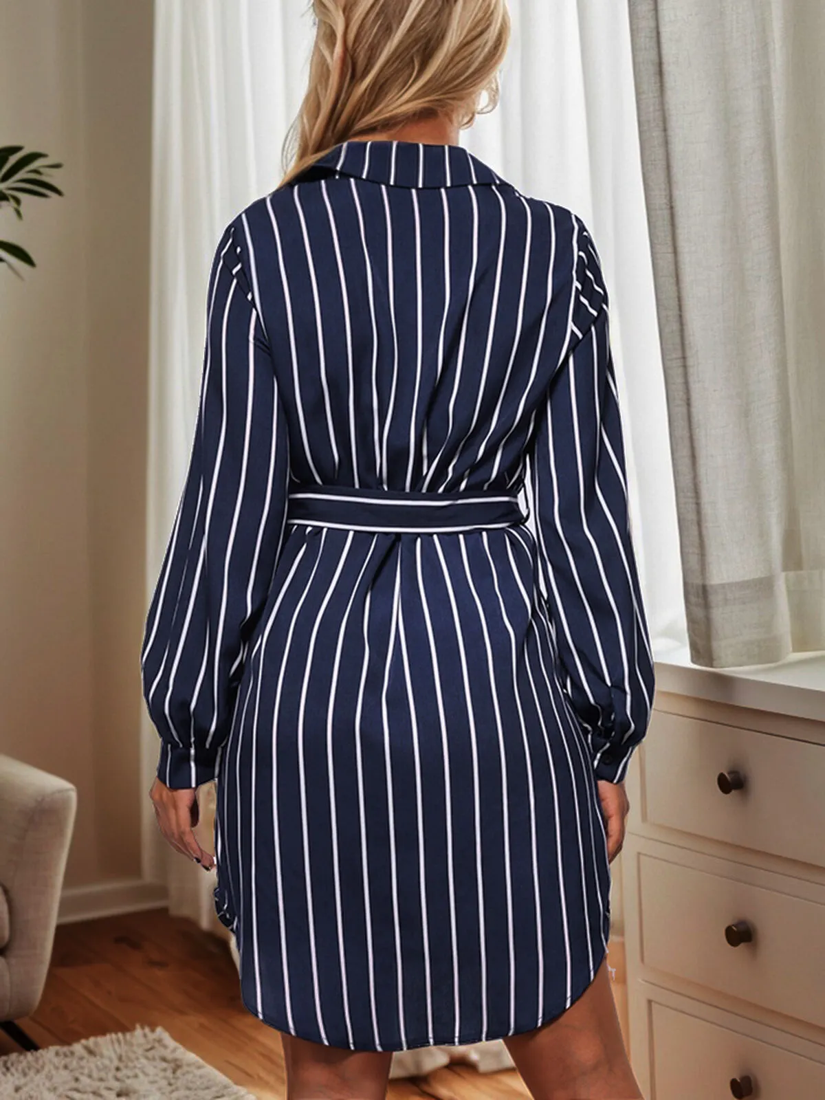 Dark Blue Striped Button-Up Lapel Shirt Dress – Classic Chic Style