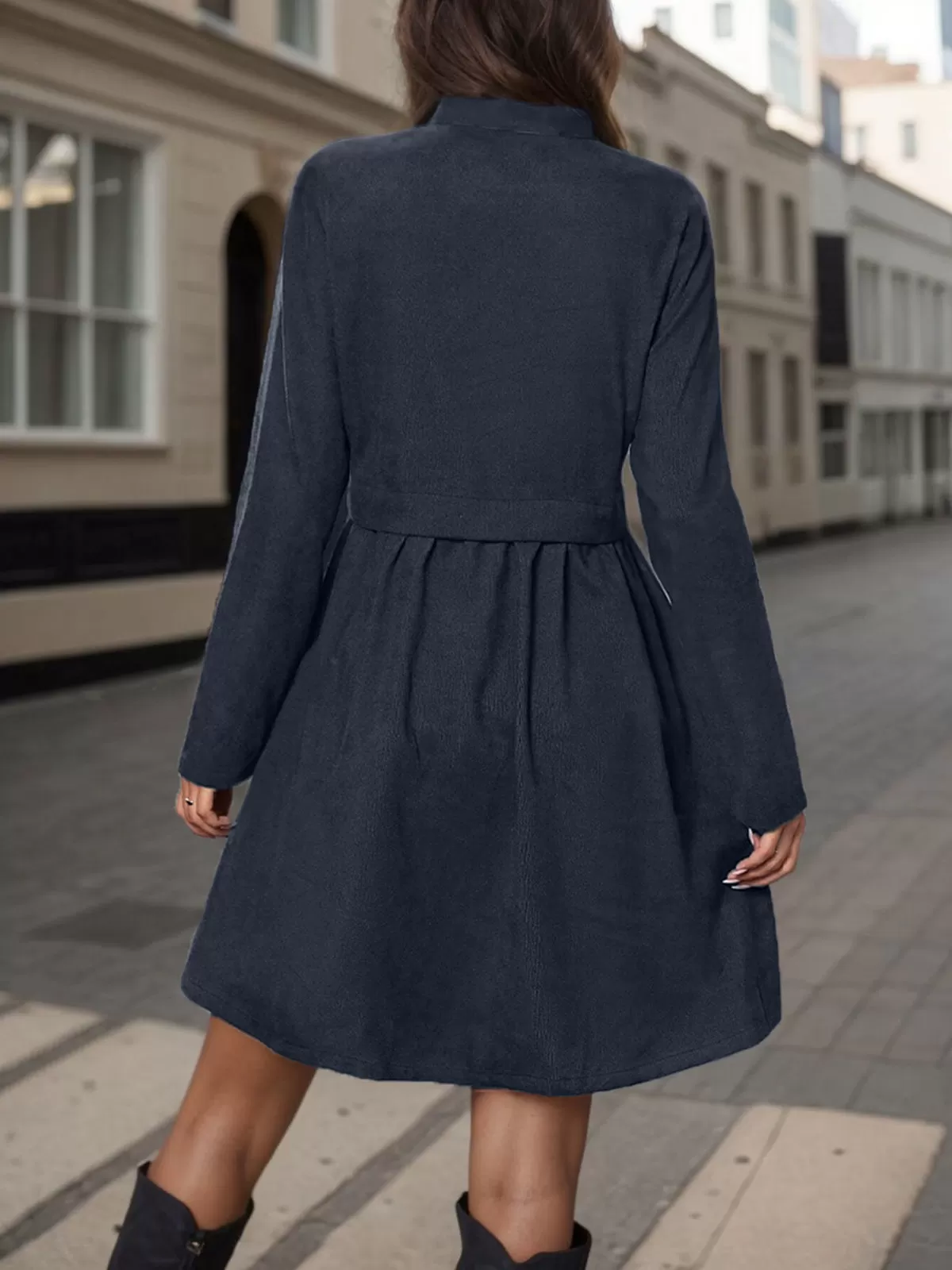 Blue Stand Collar Button-Up Shirt Dress – Smart & Polished Look