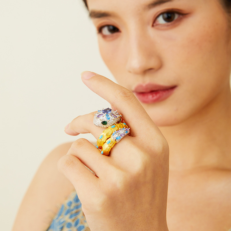 Double-Loop Gold-Plated Elastic Snake Statement Ring