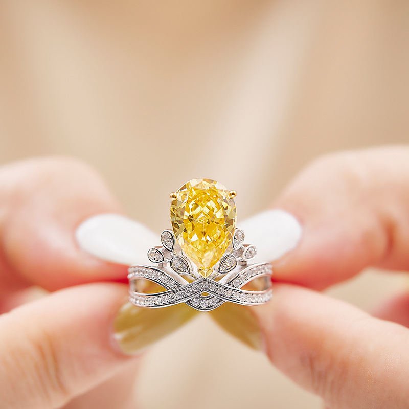 Regal Pear-Cut 5-Carat High-Carbon Diamond Crown Ring in 925 Silver