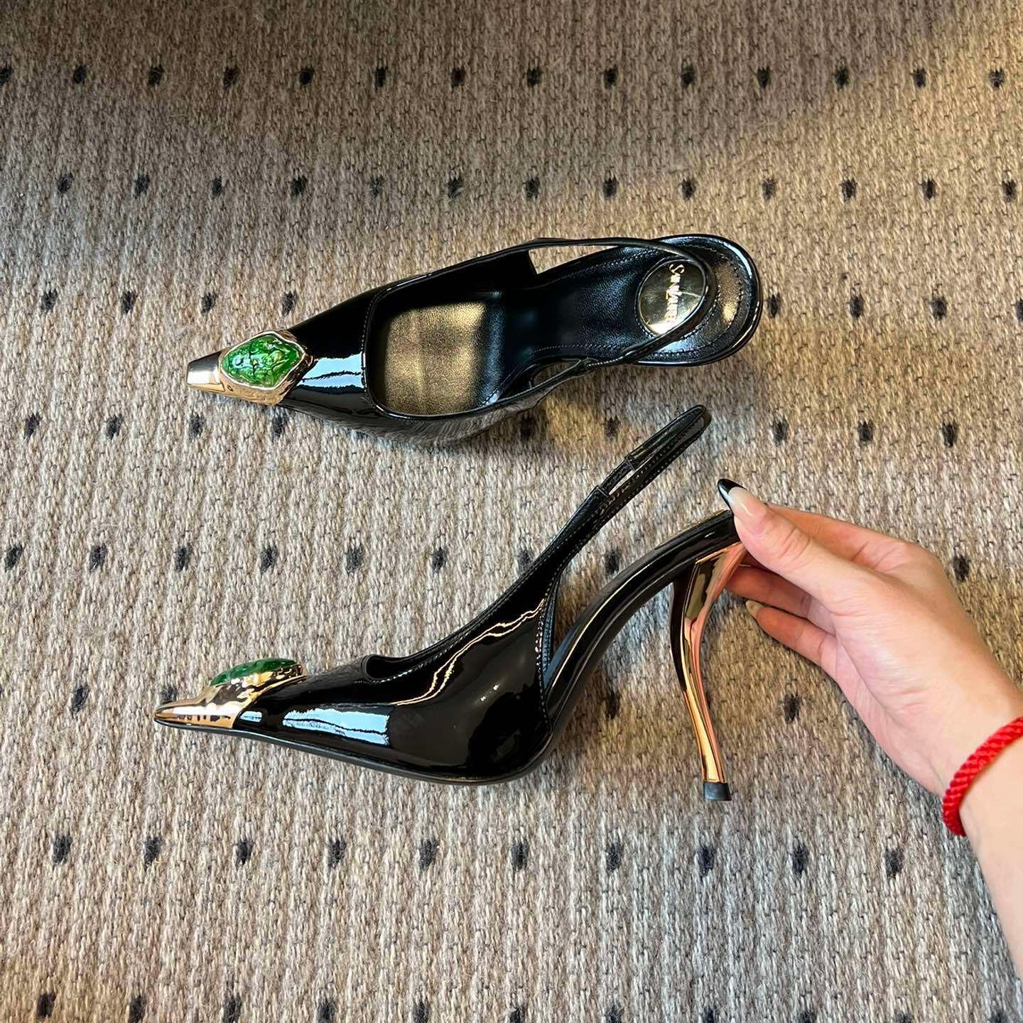 New style gem temperament pointed sandals women's sexy iron head stilettos hollow back patent leather closed toe high heels