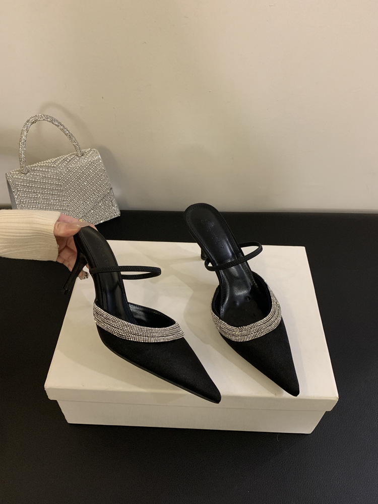 Spring rhinestone-decorated satin pointed-toe stiletto high-heeled sandals for women, closed-toe, shallow-cut half-slippers