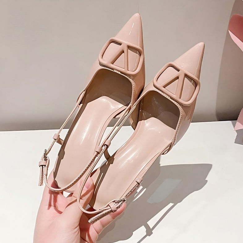 One-line beautiful V-buckle temperament high heels stiletto pointed toe one-line beautiful closed-toe sandals nude color women's shoes