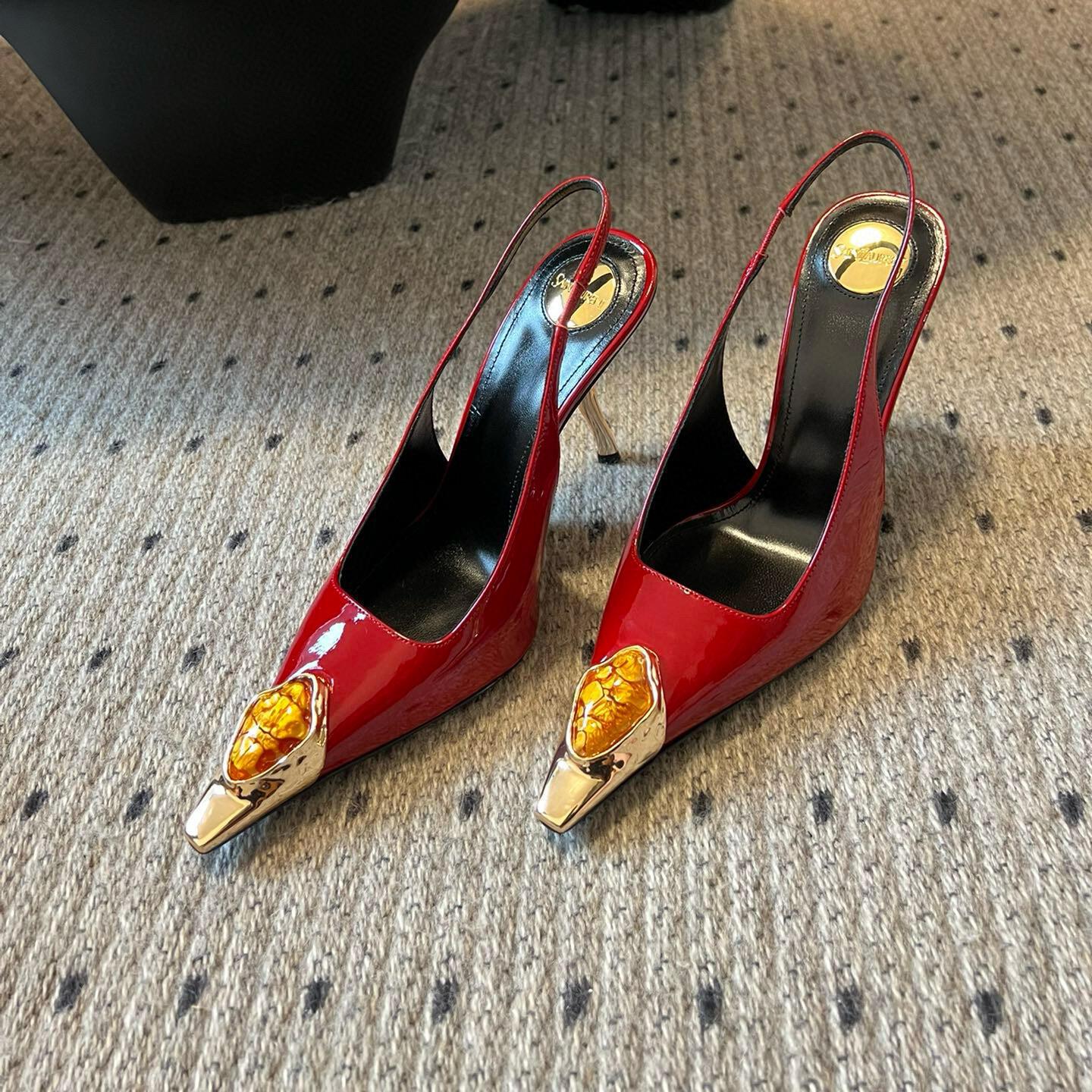 New style gem temperament pointed sandals women's sexy iron head stilettos hollow back patent leather closed toe high heels