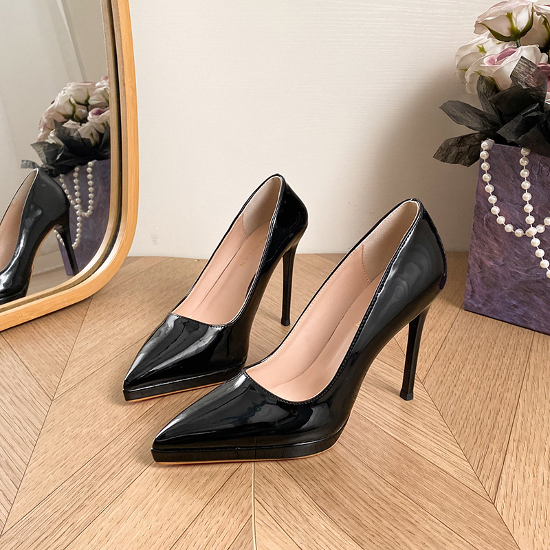 Etiquette patent leather high heels for women, French style, pointed toe, waterproof platform, no fatigue, stiletto commuting, nude single shoes