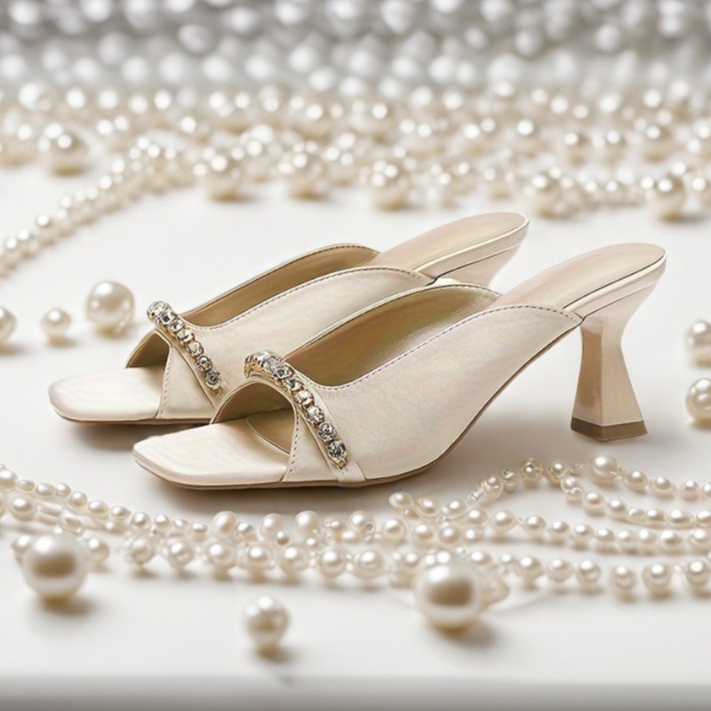 New spring square toe wine glass heel high heel sandals for women microfiber upper rubber sole white outdoor wear temperament