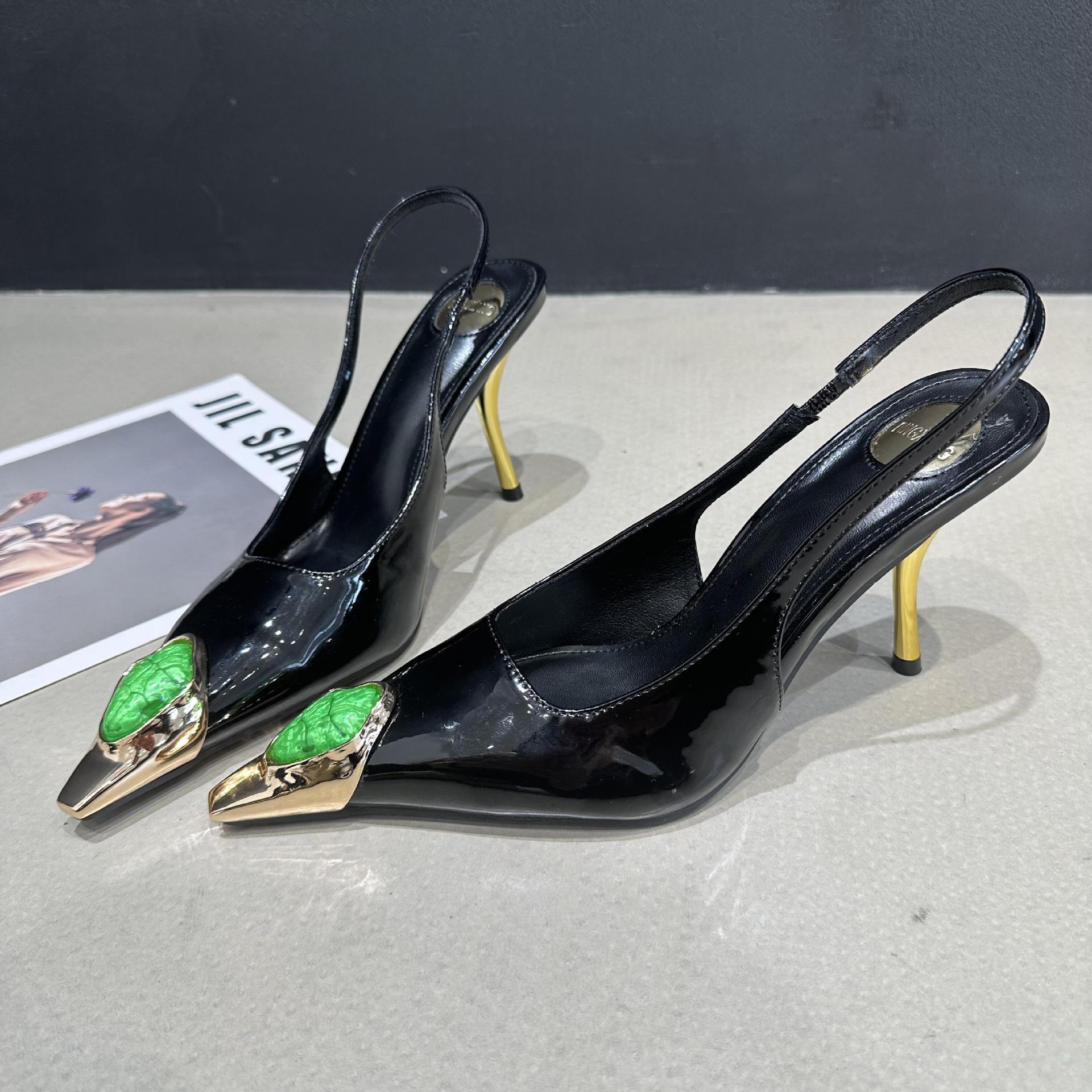 New style gem temperament pointed sandals women's sexy iron head stilettos hollow back patent leather closed toe high heels