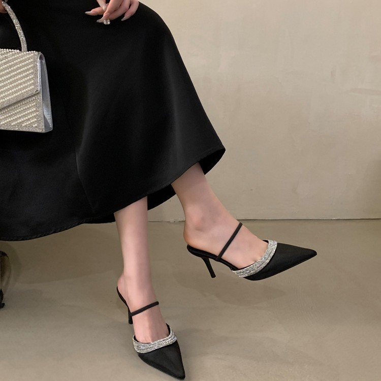 Spring rhinestone-decorated satin pointed-toe stiletto high-heeled sandals for women, closed-toe, shallow-cut half-slippers