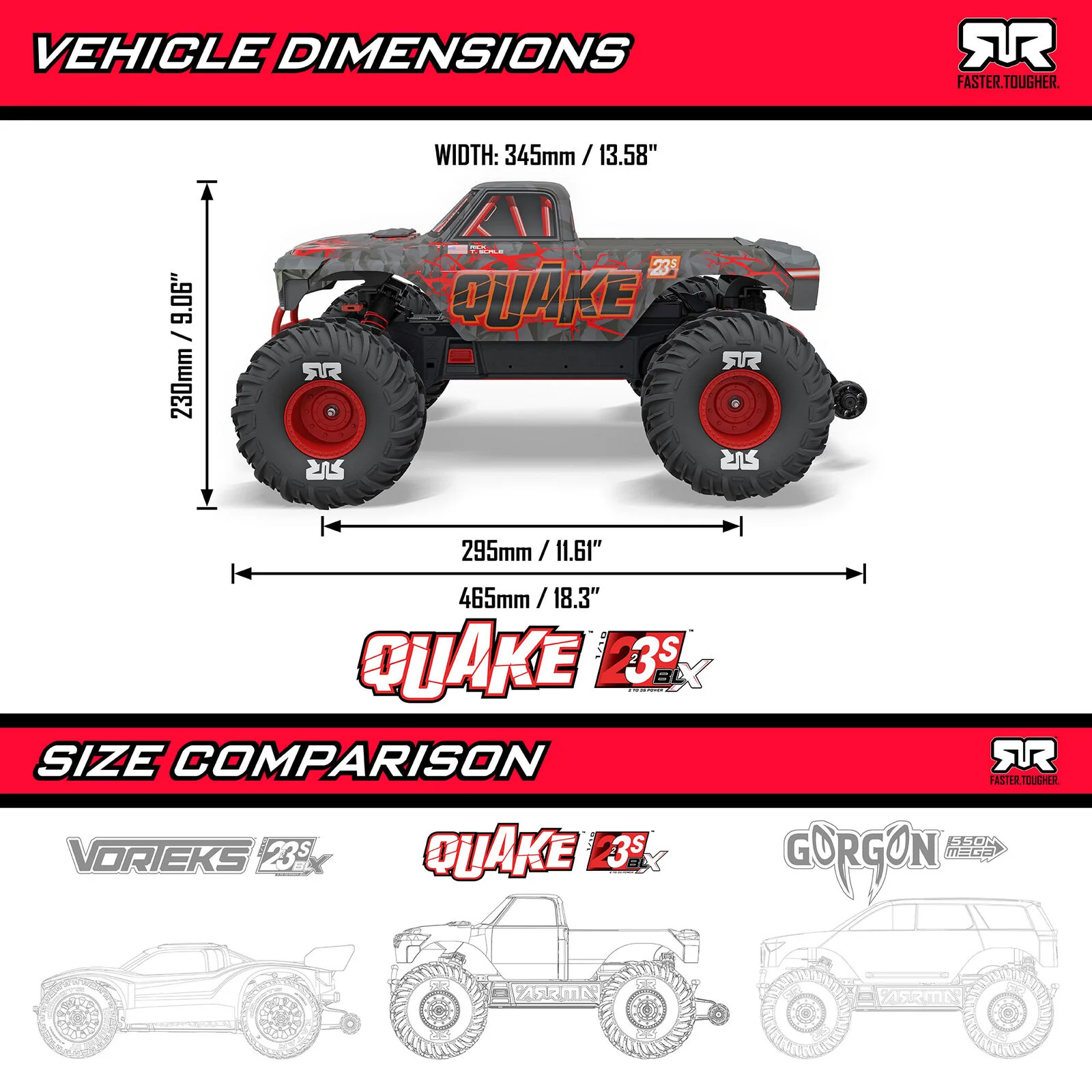 ARRMA 1/10 QUAKE 223S DSC 2WD RTR Brushless Monster Truck, Red