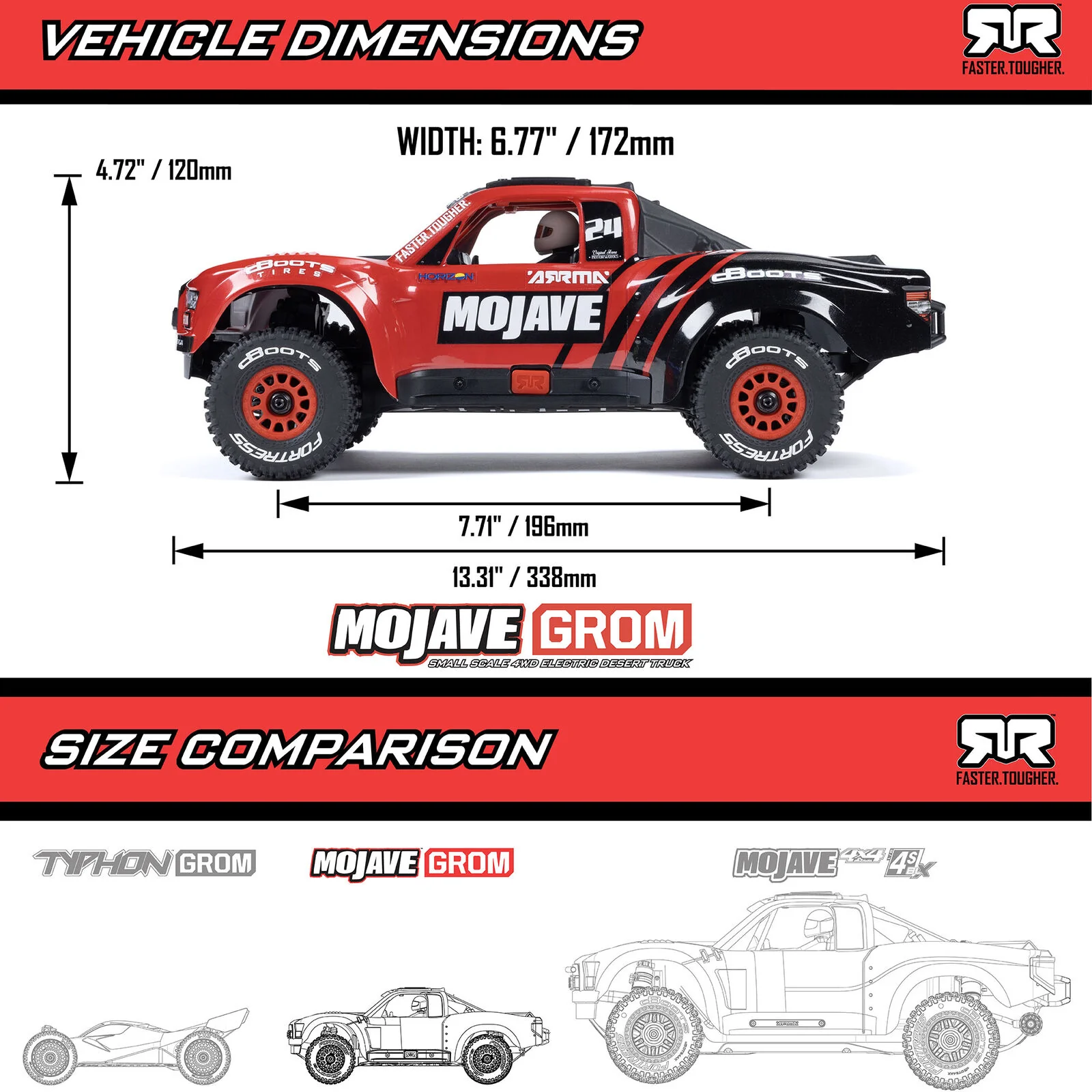ARRMA MOJAVE GROM MEGA 380 Brushed 4X4 Small Scale Desert Truck RTR with Battery & Charger, Red/Black