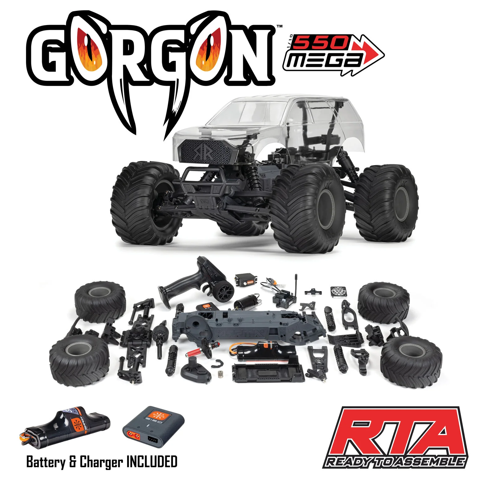 ARRMA 1/10 GORGON 2WD RTA Kit Brushed Monster Truck (Battery & Charger Included), Clear