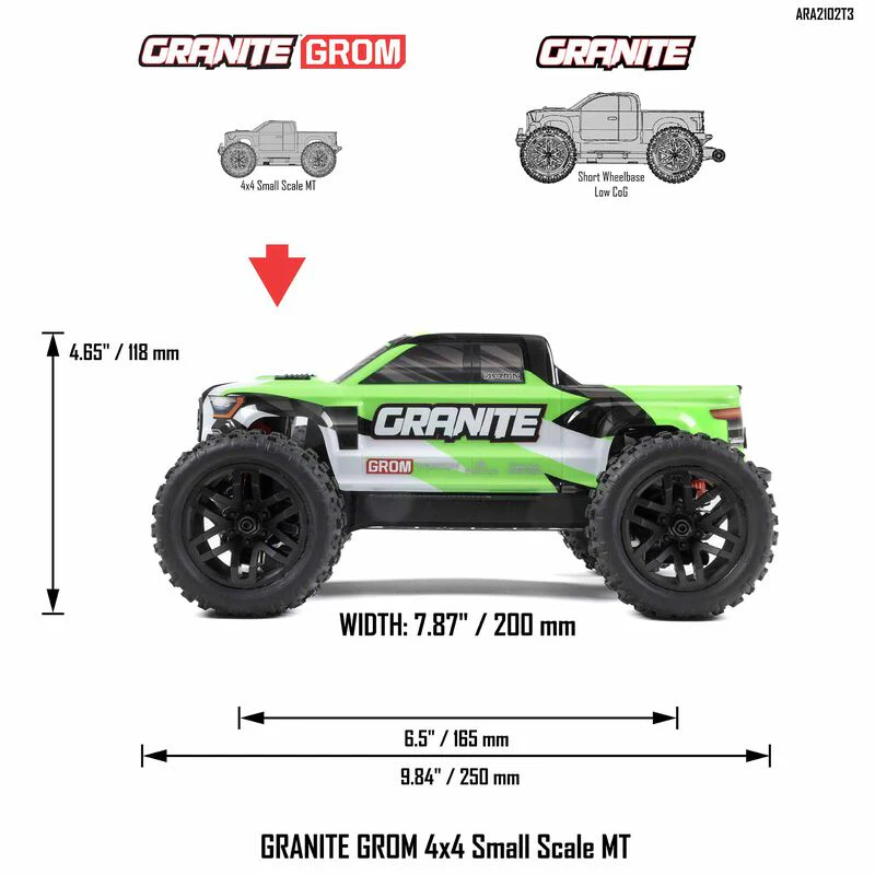 ARRMA 1/18 GRANITE GROM Mega 380 Brushed 4X4 Monster Truck RTR with Battery & Charger, Green
