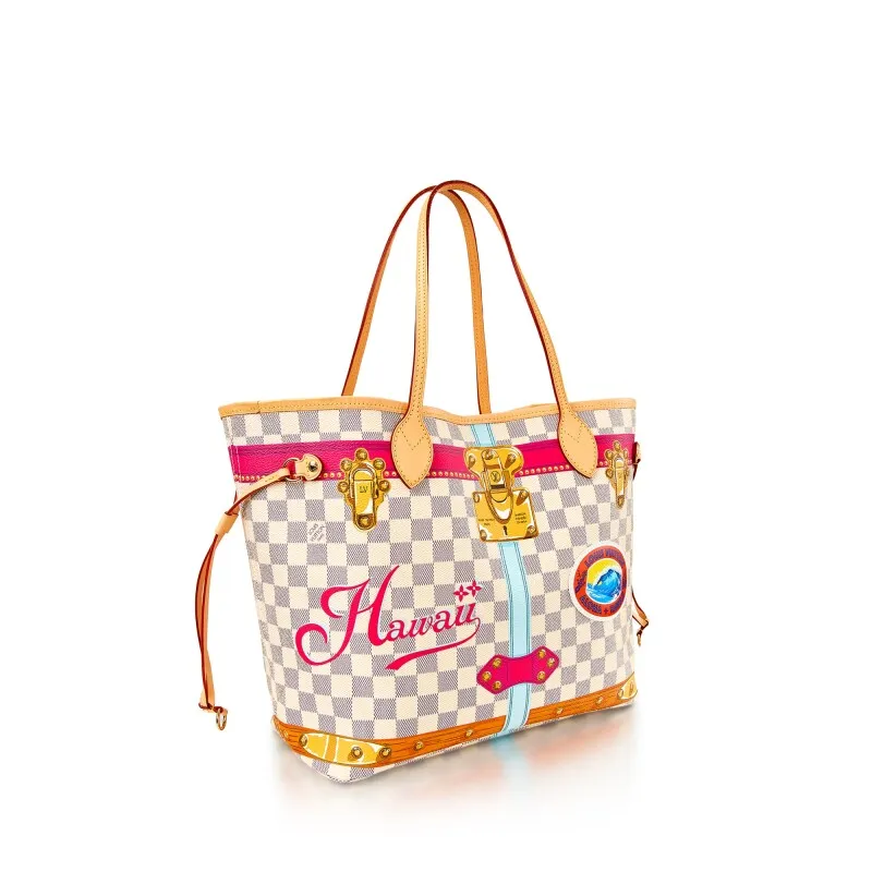 Damier Azur St. Tropez Summer Trunk of Coated Canvas and Vachetta Leather Trim Polished Neverfull MM Gold Hardware,