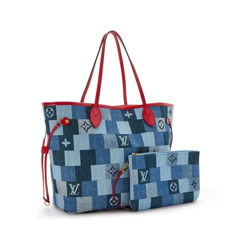 Blue and Red Damier Monogram Patchwork Denim Neverfull MM Gold Hardware,