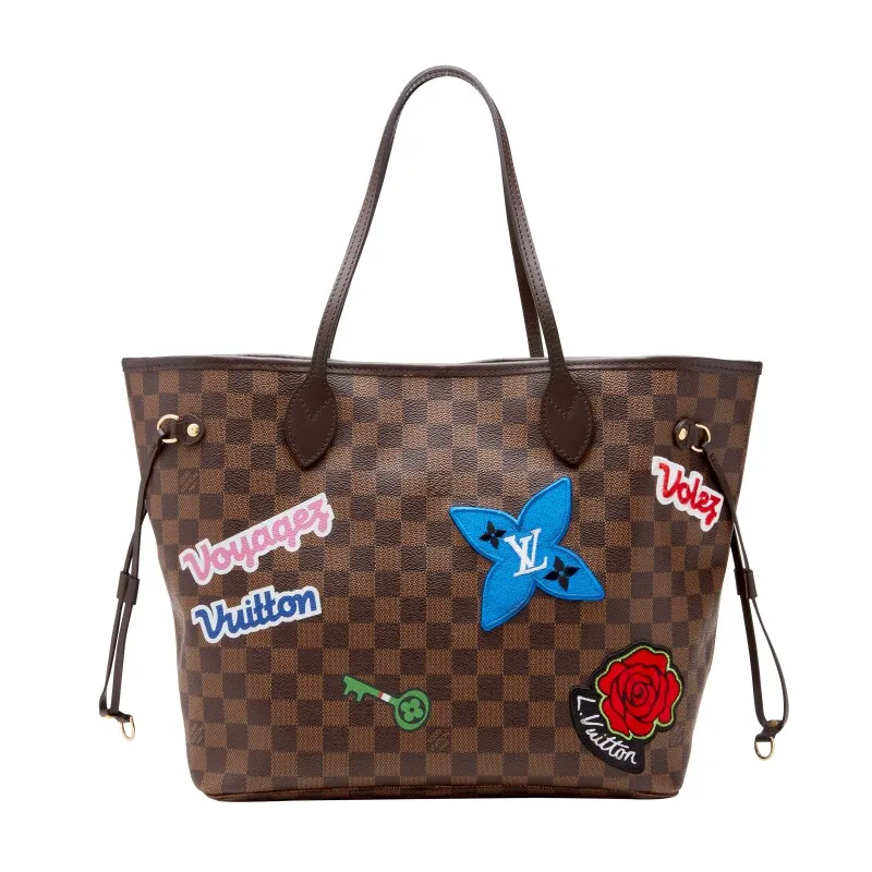 Brown Damier Ebene Neverfull Patches MM Gold Tone Hardware