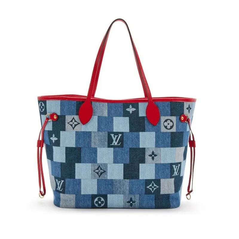 Blue and Red Damier Monogram Patchwork Denim Neverfull MM Gold Hardware,