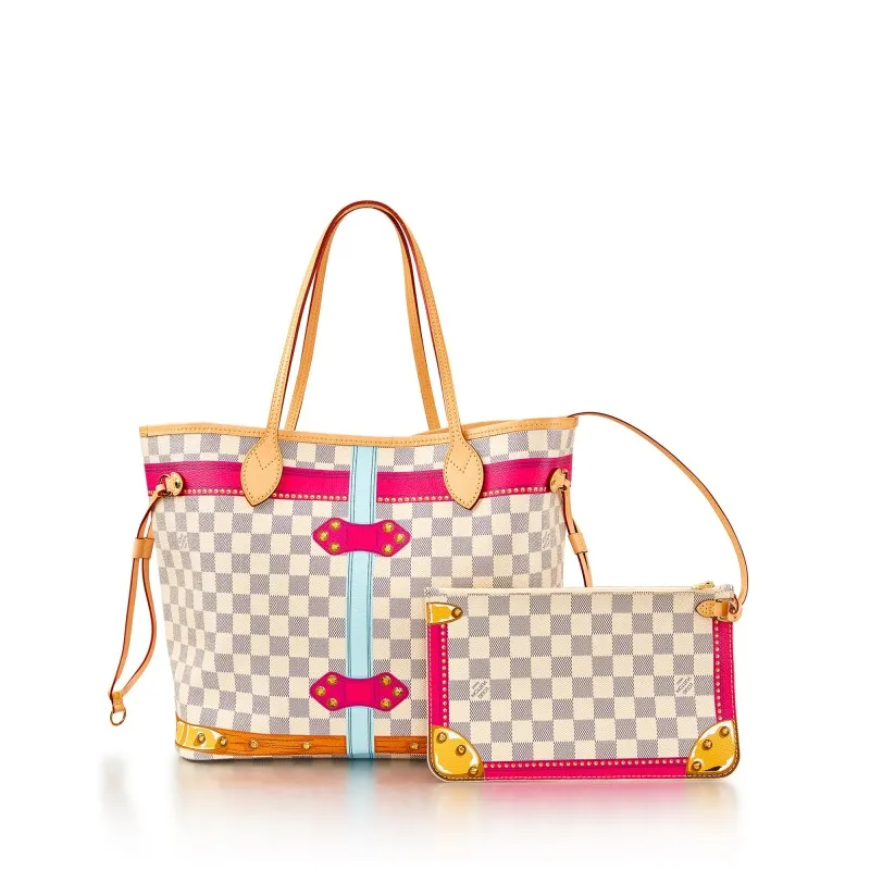 Damier Azur St. Tropez Summer Trunk of Coated Canvas and Vachetta Leather Trim Polished Neverfull MM Gold Hardware,
