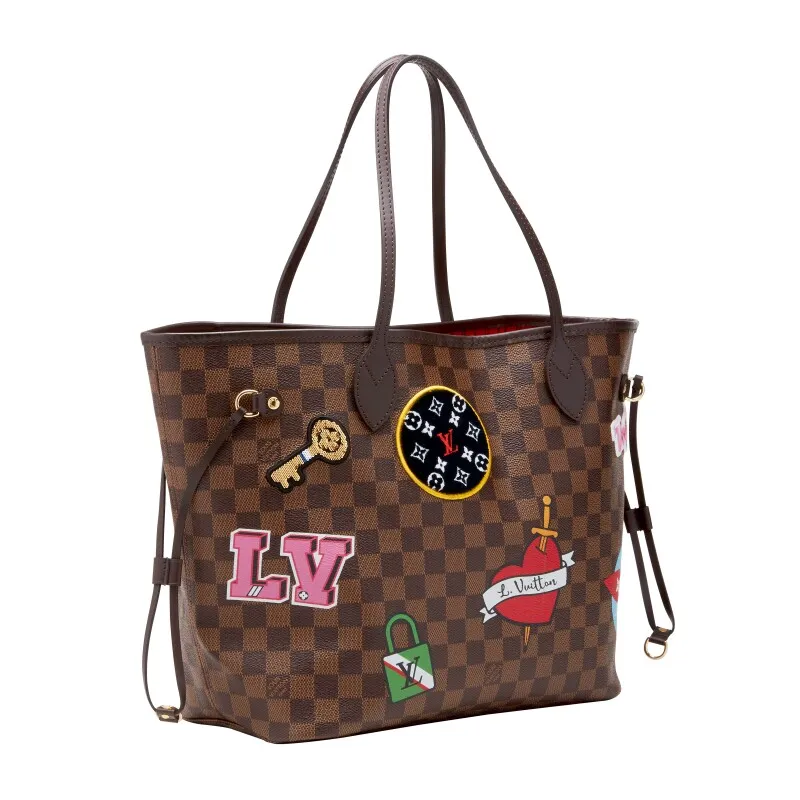 Brown Damier Ebene Neverfull Patches MM Gold Tone Hardware