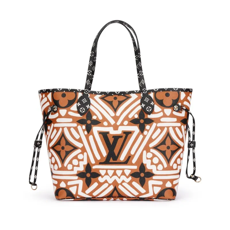 Caramel, Black, and White Giant Monogram Crafty Coated Canvas Neverfull MM Gold Hardware,