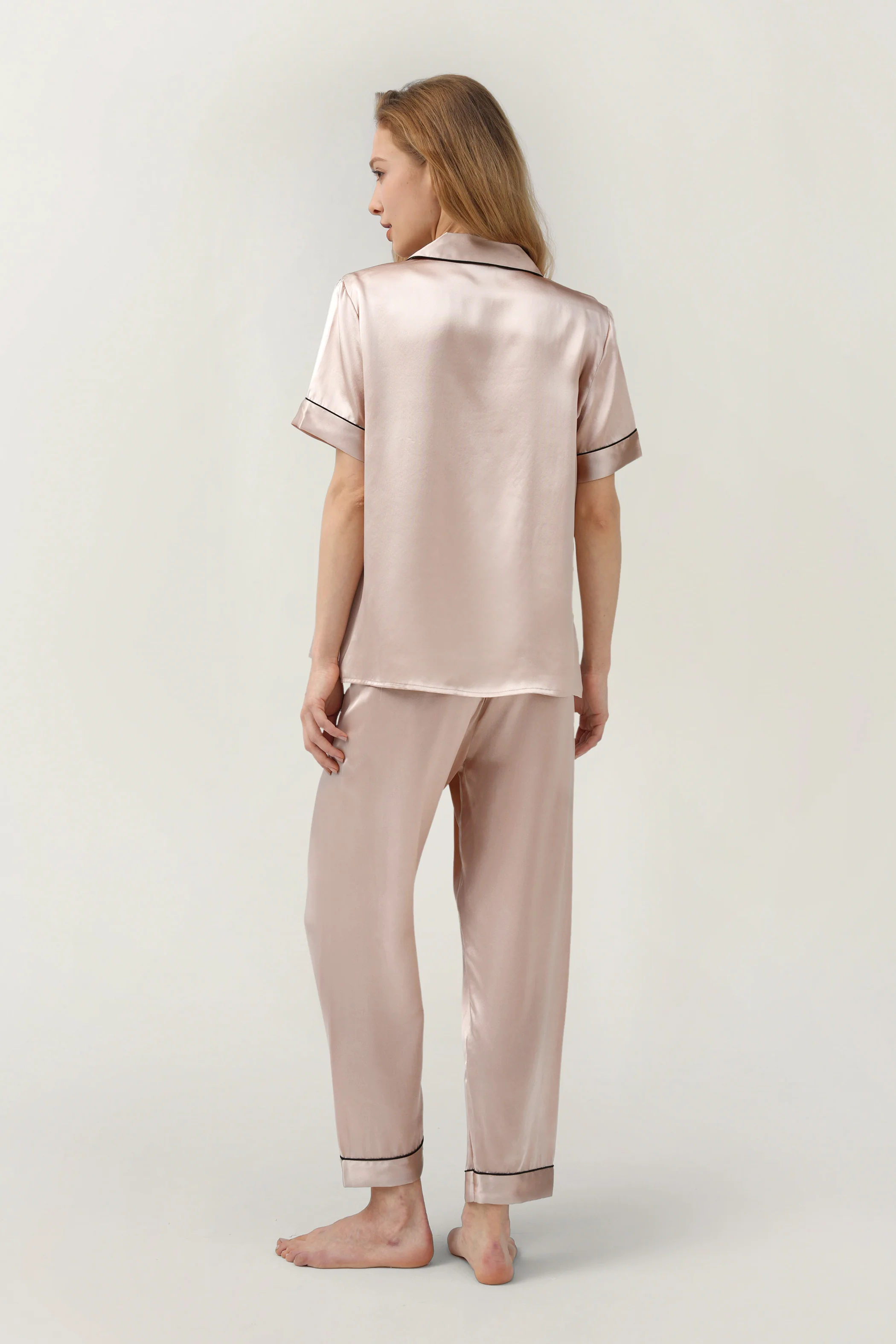 Women's Pure Silk Pajama Set - Short Sleeve Top & Pants In Petal Pink