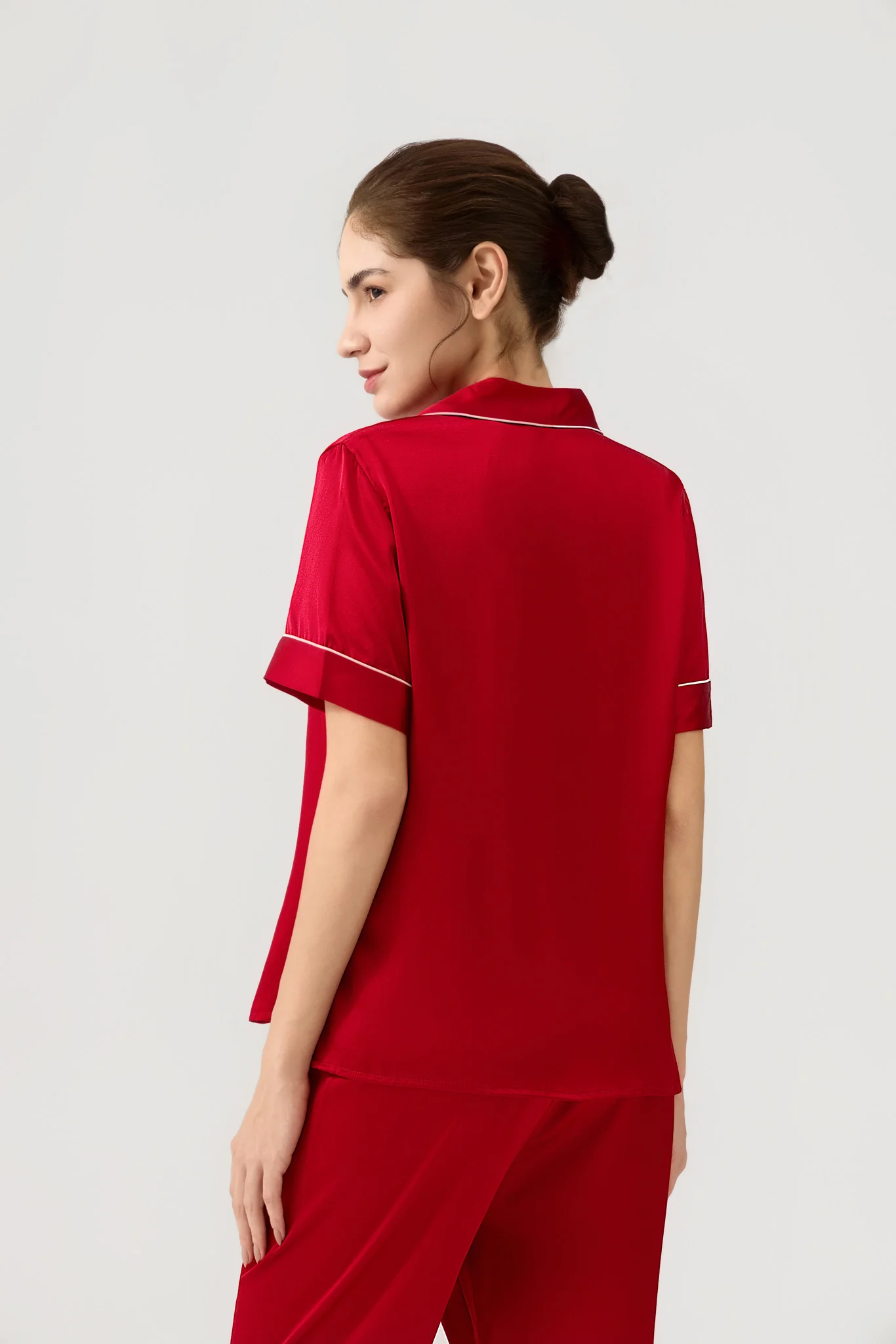 Women's Pure Silk Pajama Set - Short Sleeve Top & Long Pants In Burgundy Red