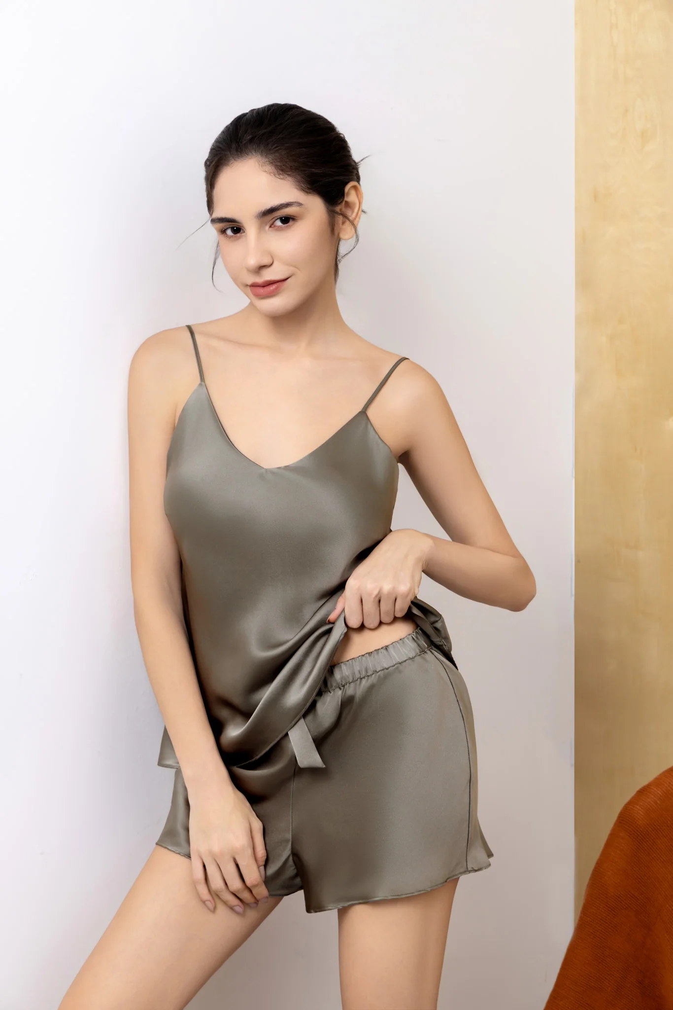 Women’s Pure Silk Camisole Pajama Set In Olive Green