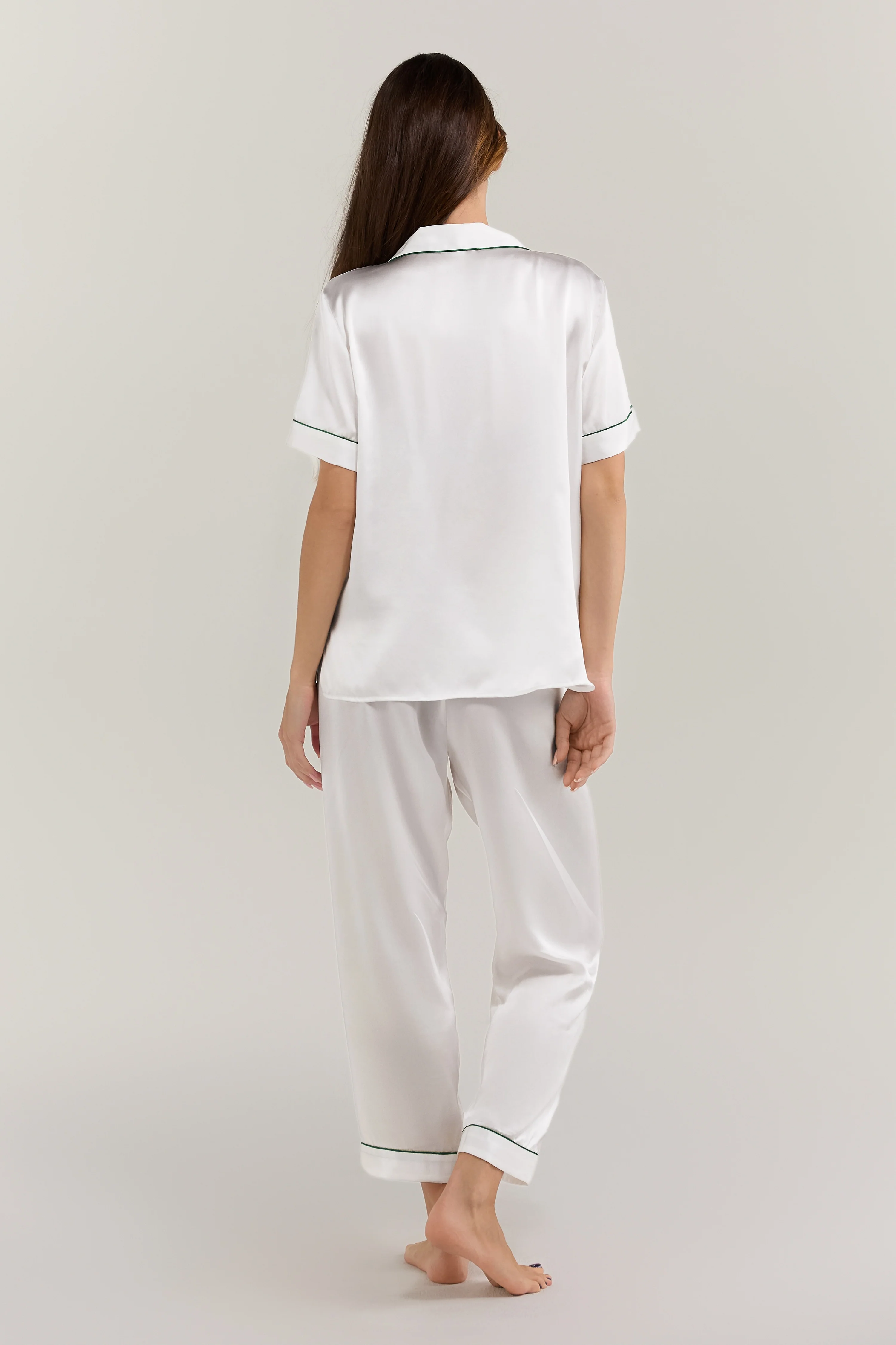 Women's Pure Silk Pajama Set - Short Sleeve Top & Long Pants In White