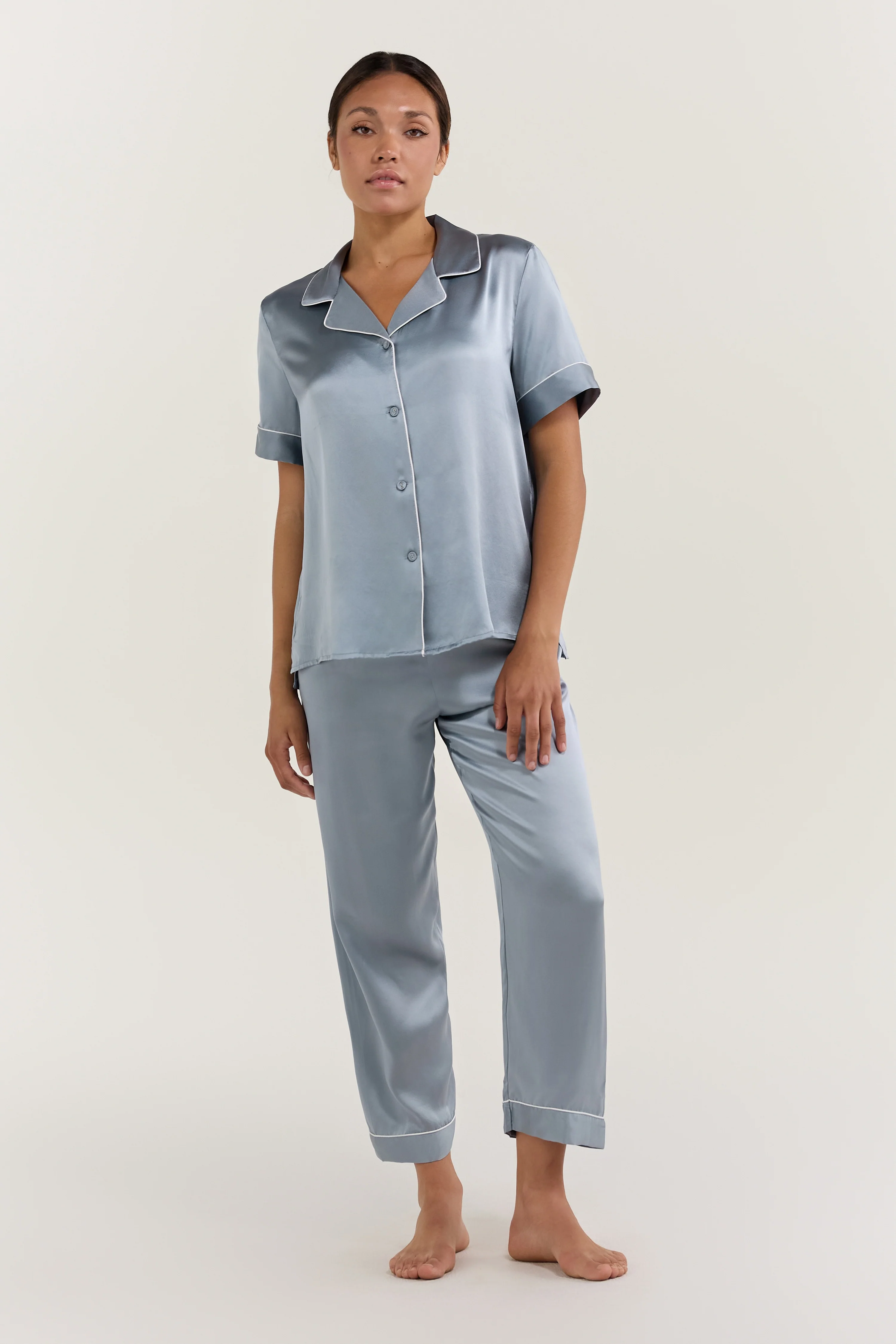 Women's Pure Silk Pajama Set - Short Sleeve Top & Long Pants In Haze Blue