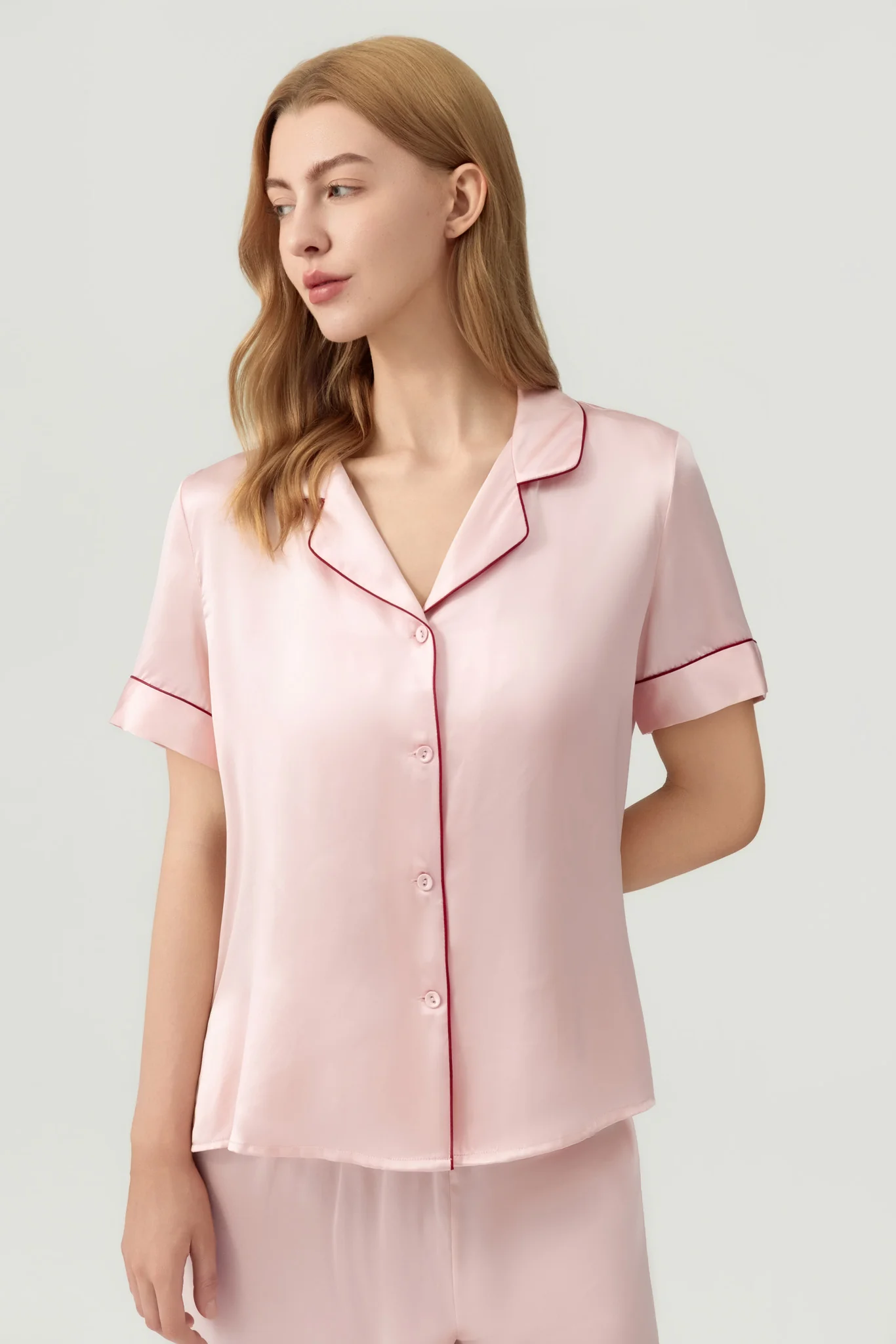 Women's Pure Silk Pajama Set - Short Sleeve Top & Long Pants In Pale Pink