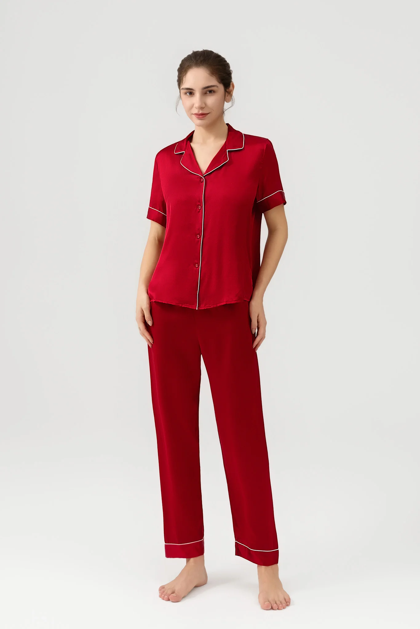 Women's Pure Silk Pajama Set - Short Sleeve Top & Long Pants In Burgundy Red