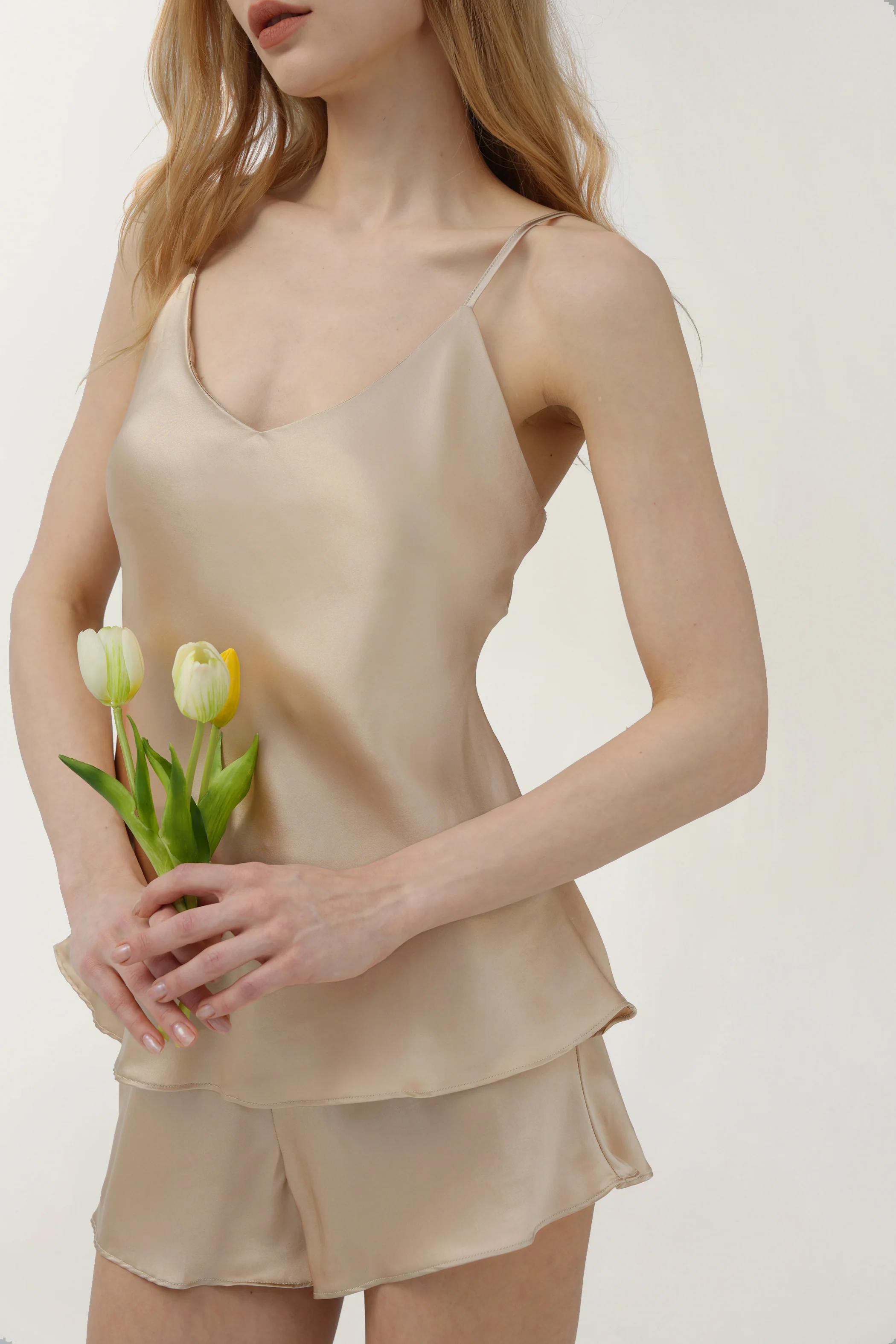 Women’s Pure Silk Camisole Pajama Set In Champagne