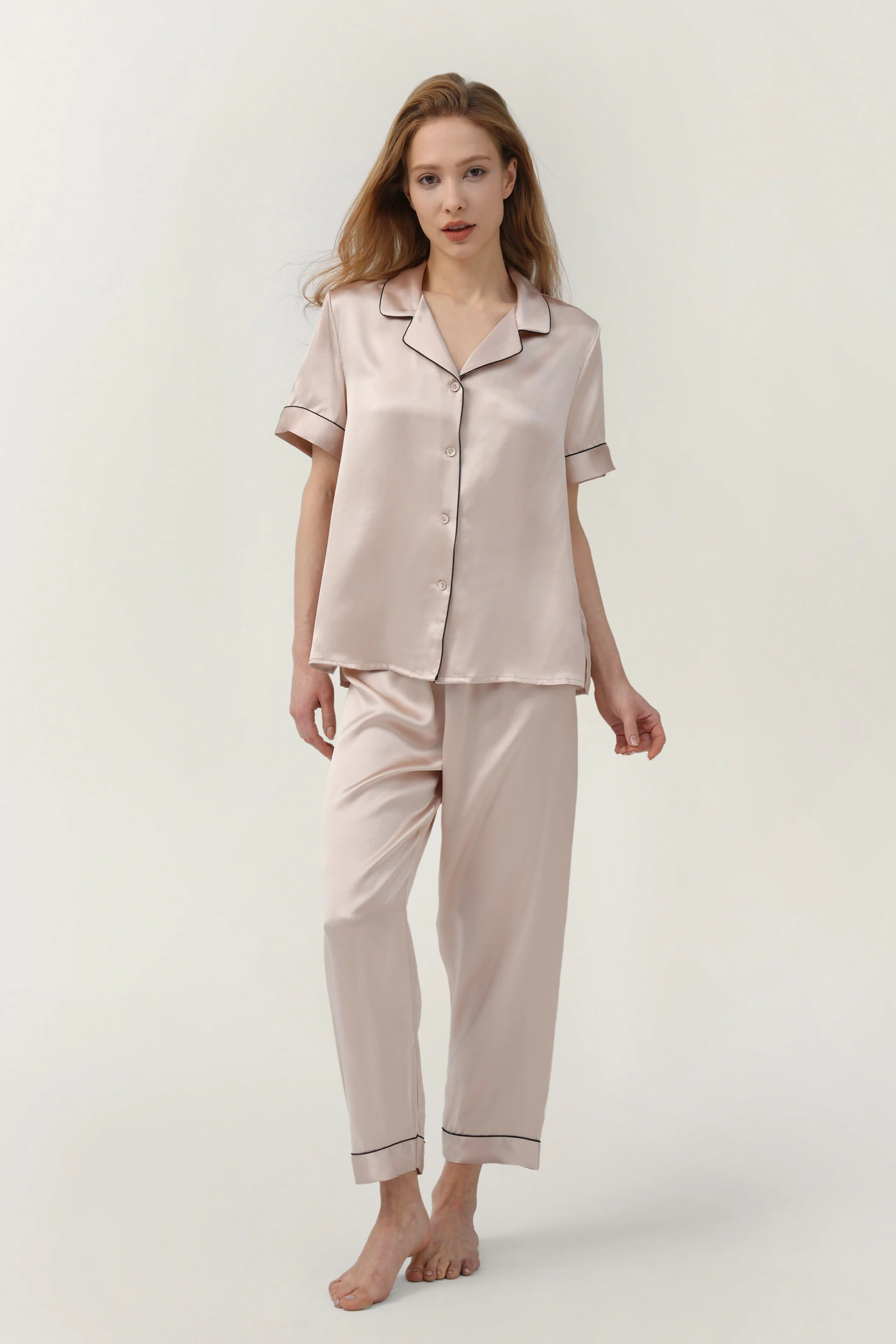 Women's Pure Silk Pajama Set - Short Sleeve Top & Pants In Petal Pink